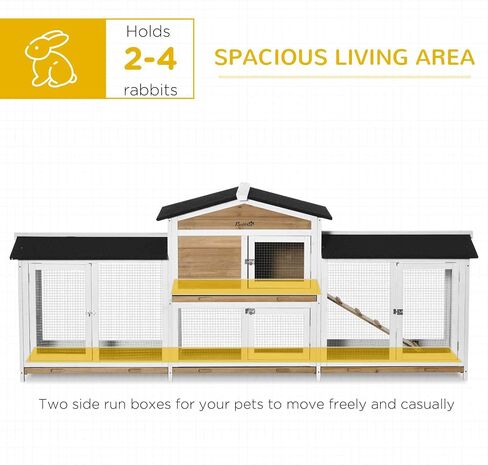 PawHut 90.5" Wooden Rabbit Hutch Bunny Cage Pet Playpen House Enclosure with Double Side Run Boxes, No Leak Tray, Ramp, for Guinea Pig and Small Animals, White in Saudi Arabia