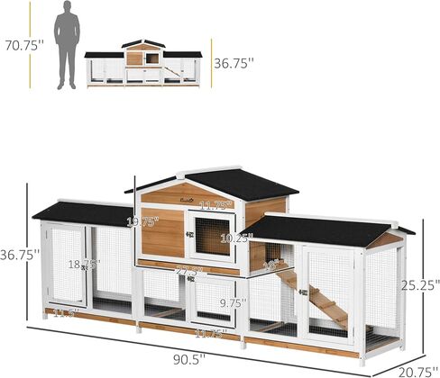 PawHut 90.5" Wooden Rabbit Hutch Bunny Cage Pet Playpen House Enclosure with Double Side Run Boxes, No Leak Tray, Ramp, for Guinea Pig and Small Animals, White in Saudi Arabia