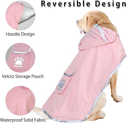 MAMORE Dog Raincoat Reversible,Waterproof Dog Rain Coat Hooded Slicker Poncho with Reflective Strip, Plaid Double Layer Rain Jacket for Small Medium Large Dogs (Pink, X-Large) in Saudi Arabia