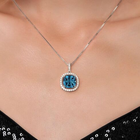 قلادة من الفضة الإسترلينية 925 من Gem Stone King من الفضة الإسترلينية عيار 925 في لندن باللون الأزرق توباز والمويسانتي الأبيض للنساء (9.46 قيراط، حجر ميلاد الأحجار الكريمة، وسادة 12 مم، مع سلسلة فضية 18 بوصة) in Saudi Arabia