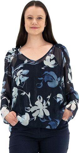 Zac & Rachel womens Long Sleeve Printed Shadow Stripe Georgette Top With Lurex Blouse, Black/Sailor Blue Str6547 Cw#2, X-Large US in Saudi Arabia