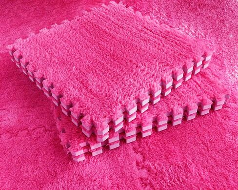 Kekon Square Interlocking Shaggy Soft EVA Foam Puzzle Mats Fuzzy Carpet Fluffy Area Rugs Set Tiles Plush Play Mat for Room Home Parlor Bedroom (12pcs, Rose) in Saudi Arabia