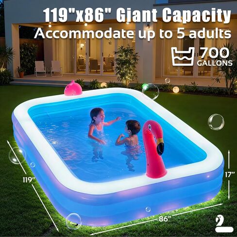 119"x86"x21“ Inflatable Pool with LED Lights, 3 Light Modes, 3-Ring Blow Up Pool for Adults & Kids, Thickened PVC Family Swimming Pool for Backyard & Outdoor Use (Includes Electric Air Pump) in Saudi Arabia