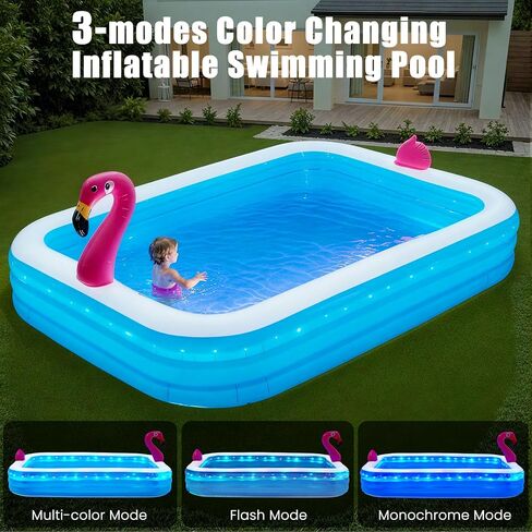 119"x86"x21“ Inflatable Pool with LED Lights, 3 Light Modes, 3-Ring Blow Up Pool for Adults & Kids, Thickened PVC Family Swimming Pool for Backyard & Outdoor Use (Includes Electric Air Pump) in Saudi Arabia