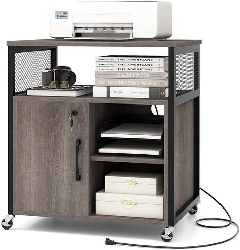 Giantex File Cabinet, Lateral Filing Cabinet with Lock, Wheels, Charging Station, Cable Hole, Lockable Side Cabinet, Adjustable Shelves, Metal Frame, Printer Stand for Home Office Small Space (Grey) in Saudi Arabia