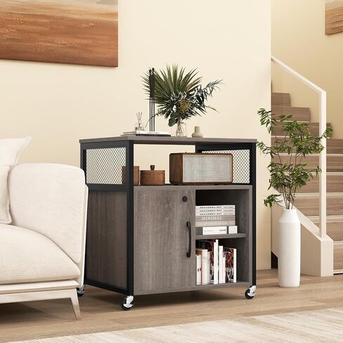 Giantex File Cabinet, Lateral Filing Cabinet with Lock, Wheels, Charging Station, Cable Hole, Lockable Side Cabinet, Adjustable Shelves, Metal Frame, Printer Stand for Home Office Small Space (Grey) in Saudi Arabia