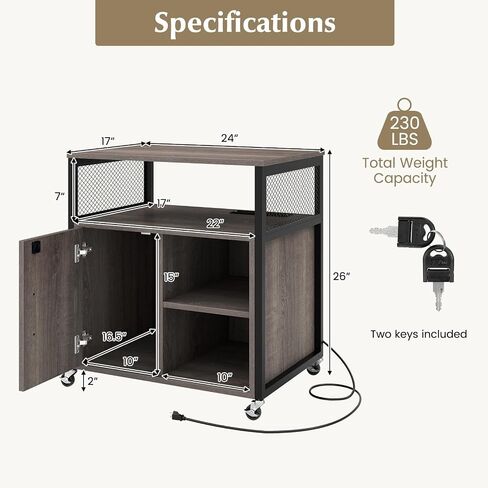 Giantex File Cabinet, Lateral Filing Cabinet with Lock, Wheels, Charging Station, Cable Hole, Lockable Side Cabinet, Adjustable Shelves, Metal Frame, Printer Stand for Home Office Small Space (Grey) in Saudi Arabia