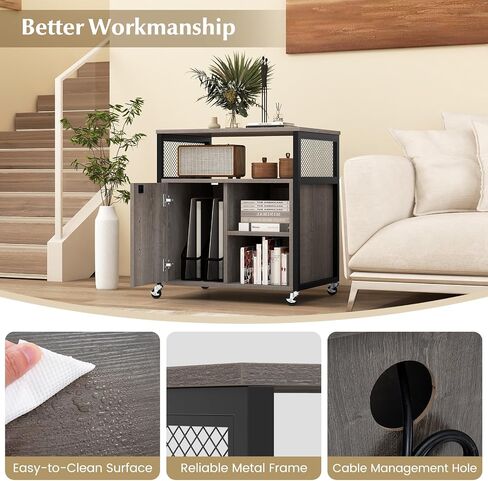 Giantex File Cabinet, Lateral Filing Cabinet with Lock, Wheels, Charging Station, Cable Hole, Lockable Side Cabinet, Adjustable Shelves, Metal Frame, Printer Stand for Home Office Small Space (Grey) in Saudi Arabia