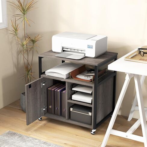 Giantex File Cabinet, Lateral Filing Cabinet with Lock, Wheels, Charging Station, Cable Hole, Lockable Side Cabinet, Adjustable Shelves, Metal Frame, Printer Stand for Home Office Small Space (Grey) in Saudi Arabia