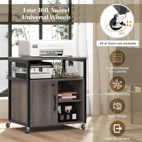 Giantex File Cabinet, Lateral Filing Cabinet with Lock, Wheels, Charging Station, Cable Hole, Lockable Side Cabinet, Adjustable Shelves, Metal Frame, Printer Stand for Home Office Small Space (Grey) in Saudi Arabia