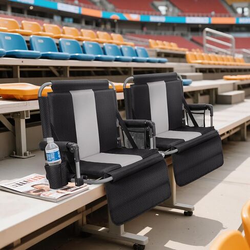 LET'S CAMP Folding Stadium Seat Bleacher Chair with Cup Holder, Mesh Bag and Hide Hooks, Portable Stadium Chair with Back and Cushion, Black Grey in Saudi Arabia