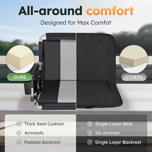 LET'S CAMP Folding Stadium Seat Bleacher Chair with Cup Holder, Mesh Bag and Hide Hooks, Portable Stadium Chair with Back and Cushion, Black Grey in Saudi Arabia