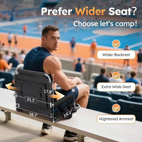 LET'S CAMP Folding Stadium Seat Bleacher Chair with Cup Holder, Mesh Bag and Hide Hooks, Portable Stadium Chair with Back and Cushion, Black Grey in Saudi Arabia
