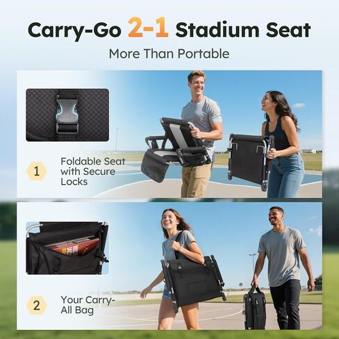 LET'S CAMP Folding Stadium Seat Bleacher Chair with Cup Holder, Mesh Bag and Hide Hooks, Portable Stadium Chair with Back and Cushion, Black Grey in Saudi Arabia