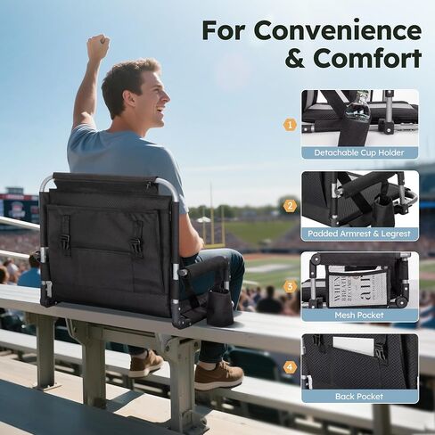 LET'S CAMP Folding Stadium Seat Bleacher Chair with Cup Holder, Mesh Bag and Hide Hooks, Portable Stadium Chair with Back and Cushion, Black Grey in Saudi Arabia
