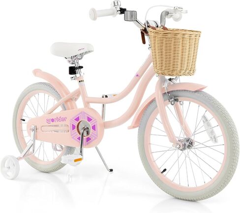 BABY JOY Kids Bike, 14 16 18 Inch Retro Kids Bicycles for 3-8 Years Old Children with Training Wheels, Adjustable Height, Rattan Basket, Handbrake & Coaster Brake, Boys Girls Bike (Pink, Green, Blue) in Saudi Arabia
