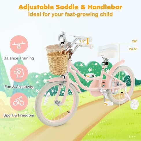BABY JOY Kids Bike, 14 16 18 Inch Retro Kids Bicycles for 3-8 Years Old Children with Training Wheels, Adjustable Height, Rattan Basket, Handbrake & Coaster Brake, Boys Girls Bike (Pink, Green, Blue) in Saudi Arabia