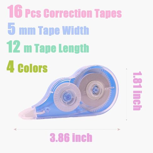 16 Pcs 39.4 Ft Colorful Correction Tape, White Wrong Out Tape Roller Bulk for Noting, Teacher Supplies, School, Office and Home (4 Colors) in Saudi Arabia