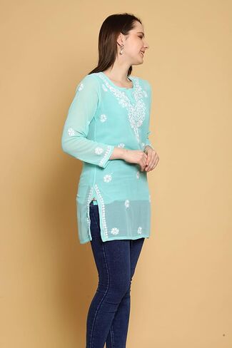 Ada Indian Hand Embroidered Chikankari Women's Georgette Kurti Top Tunic Shirt with inner A911300 in Kuwait