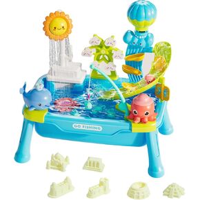 CUTE STONE Water Table for Toddlers with Electric Water Pump, Slides, Sand Molde, Play Sink, Fishing Game Table Summer Beach Outdoor Toys for Boys & Girls
