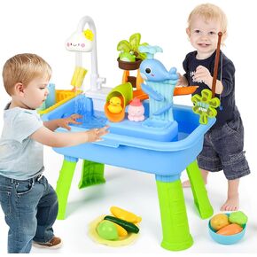 2026 Upgraded Water Table for Toddlers 1-3, Water Table with Pump,Toy Kitchen Sets for Kids Ages 4-8, with Detachable Legs, Play Sink with Electric Faucet, Includes Play Vegetables and Fishing Game