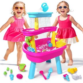 VATOS 3-Tier Sand Water Table for Toddlers, 37-Piece Kids Water Table Splash Pond Toys Set for Outside Outdoor Backyard, Toddlers Activity Sensory Water Play Table Summer Toys for Girls, Pink