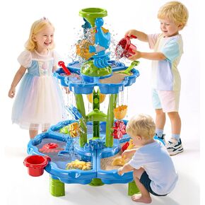 Water Table for Toddlers 1-3 & Kids 3-5 Outdoor Splash Pond & Sand Play Set with 3-Tier Water Table Rain Showers & Sensory Playset Activities – Summer Toys Birthday Gift for 3 4 5 6+ Years Old