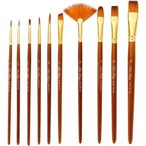 HBJWOV 10pcs Paint Brush Set Multiple Styles Nylon Hair Short Rod Brown Painting Brush for Oil Acrylic Watercolor Gouache Art Supplies