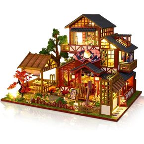 DIY Miniature House Kit, Tiny 3D Wooden Japanese Sakura Restaurant, Mini Dollhouse Building Kit with Dustproof Cover & Music Movement, Sushi Shop Craft for Adults, Gift for Family & Friends