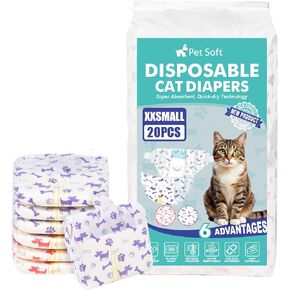 Pet Soft Disposable Cat Diapers - Puppy Diapers for Female & Male Cats with Wetness Indicator, Super Absorbent, Fit for Pet in Heat or Incontinence, 20pcs (XXS, Mixed)