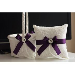 Plum Flower Girl Basket, Plum Ring Pillow, Eggplant Wedding Basket, Ring Bearer Pillow, Plum Ringkissen, Flower Girl Baskets (White, 1 Pillow)