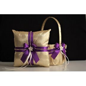 Purple Gold Bearer Pillow/Purple Flower Girl Basket/Purple Ring Bearer Pillow/Purple Gold Wedding Basket Purple Gold Pillow Basket Set (1 Pillow + 2 Baskets)