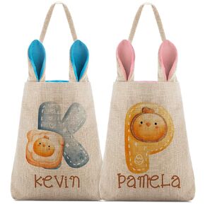Set of 2, Personalized Easter Baskets for Boys & Girls with Initail & Name, Pink or Blue Bunny Ears - Customize Tote Bag w/Handle for Easter Eggs, Easter Gifts Bag for Kids, Personalized Candy Basket