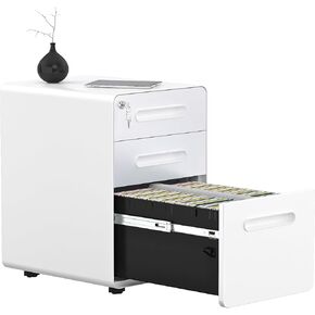 DWVO 3-Drawer Mobile File Cabinet, Lockable Rolling Filing Cabinets with Wheels, Metal File Cabinets with Lock fits Legal/A4 Size for Home Office, Fully Assembled, White