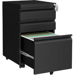 3 Drawers File Cabinet, Metal Filing Cabinet with Lock, Mobile File Cabinet, Fully Assembled Except Casters, for Home Office, for A4, Letter, Legal File Folders, Black
