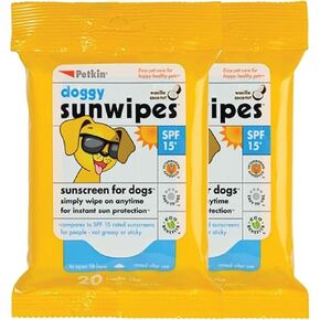 Petkin Dog Sunscreen Sunwipes - Sunscreen for Dogs, SPF 15 - Simply Wipe on Anytime for Instant Sun Protection - Includes 20 Jumbo Size Wipes, Vanilla Coconut Scent - Ideal for Home or Travel