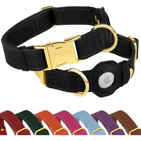 Leather Airtag Dog Collar - Soft Tracking Dog Collar with Apple AirTag Holder and Metal Buckle - Safety GPS Pet Collars for Small Medium Large Dogs Puppy Pink Red (Black, M, 14"-18" Neck Fit)