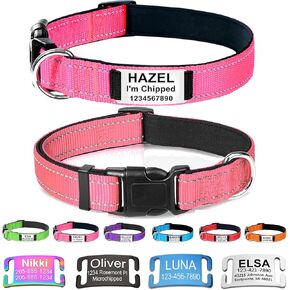 Custom Dog Collars with Name Plate, Engraved Name Plate ID Tags with Reflective Nylon Dog Collar,Soft Neoprene Padded Adjustable Pet Collar for Small Medium Large Dogs,L Pink