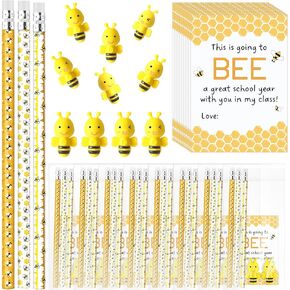110 Pcs Back to School Gifts for Students Cute Bee Pencils Students Erasers 3D Bee Erasers Welcome Greeting Cards with Bags Classroom Gifts First Day of School Stationery Supplies
