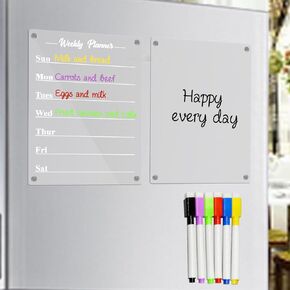 2Pcs Acrylic Calendar for Fridge, Magnetic Transparent Acrylic Planning Board Weekly Menu Board Meal Planner Clear Fridge Calendar Dry Erase for Fridge, Kitchen, Includes 6 Markers with 6 Colors