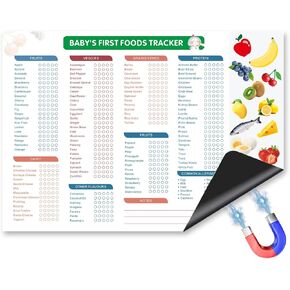 Baby’s First Foods Tracker Fridge Magnet – 101 Foods Before 1 Baby Food Checklist & Daily Log, Baby Nutrition Recipes – Reusable Dry Erase Chart for Fridge, Perfect for New Parents (25x35cm)
