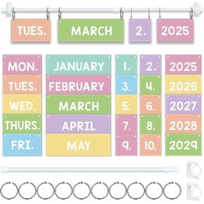 Pastel Flip Calendar for Classroom, Colorful Flip Calendar with Adjustable Holder, Classroom Calendars Set with 60 Cards for Preschool Elementary Home Classroom Must Haves Supplies