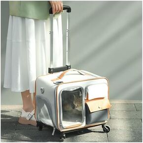 Pet Carrier on Wheels Pet Trolley Case with Wheels, Out and About Portable Pet Bag, Rolling Cat Carrier Travel Bag with Telescopic Handle (White)