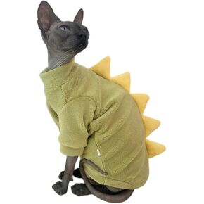 Dinosaur Sphynx Cat Clothes, Soft Polar Fleece Sweater for Cat, Elastic Pet Clothes Thick Winter Warm Outfit for Hairless Cat, Devon, Cornish, Small Dogs Apparel with Sleeves (Green, Large)
