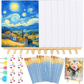 DIYDEC 59 Pack Canvas with Easel Set Mini Painting Kit with 8 x 10 Inch Canvas Wooden Easels Paint Brushes Sponge Seal Small Painting Kit for Kids Teenagers Acrylic Oil Watercolor Gifts Party Favor