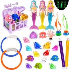 Diving Pool Toys for Kids Ages 4-12, 27 Pcs Mermaid Pool Toys with Gem Pirate Treasure and Chestand Storage Bag, Swimming Training Game Toy Summer Beach Party Gifts for Boys Girls Toddlers
