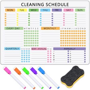 Cleaning Schedules - Dry Erase Magnetic Calendar for Refrigerator Set with 5 Highlight Markers & 1 Eraser - Daily Weekly Monthly Calendar Planner, Cleaning Checklist, Chore Schedule