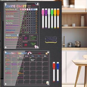 BESARME 2 Pcs Acrylic Chore Chart for Kids, Clear Magnetic Chore Board for Family Chores Checklist Reward Chart, 12x9''