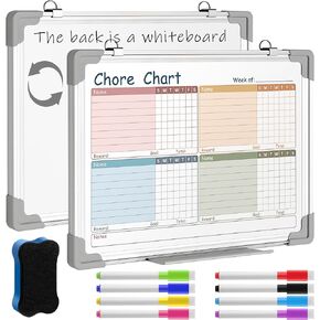 Lincia Magnetic Dry Erase Chore Chart Board for Multiple Kids Teens Adults 12"x16" Double Side Family 2 in 1 Combo Chore Board Weekly Calendar for Wall Aluminum Frame 8 Markers 1 Eraser
