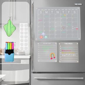 Acrylic Calendar for fridge, Magnetic Dry Erase Board, Clear Monthly and Weekly Meal Planner whiteboard, Dry Erase Markers, Eraser and Magnet Pen Holder.